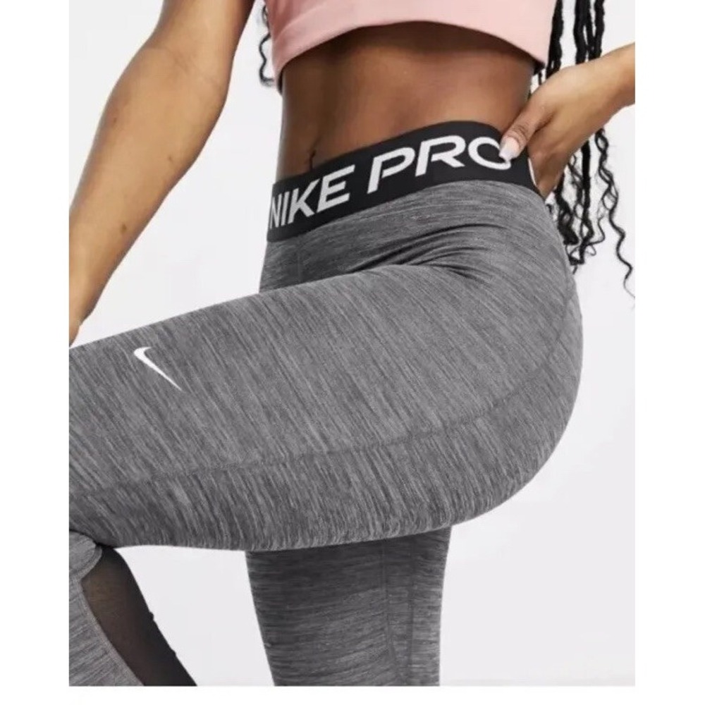Nike Pro Women Grey Heathered Training Leggings Mesh Panels CZ9803-010 XS